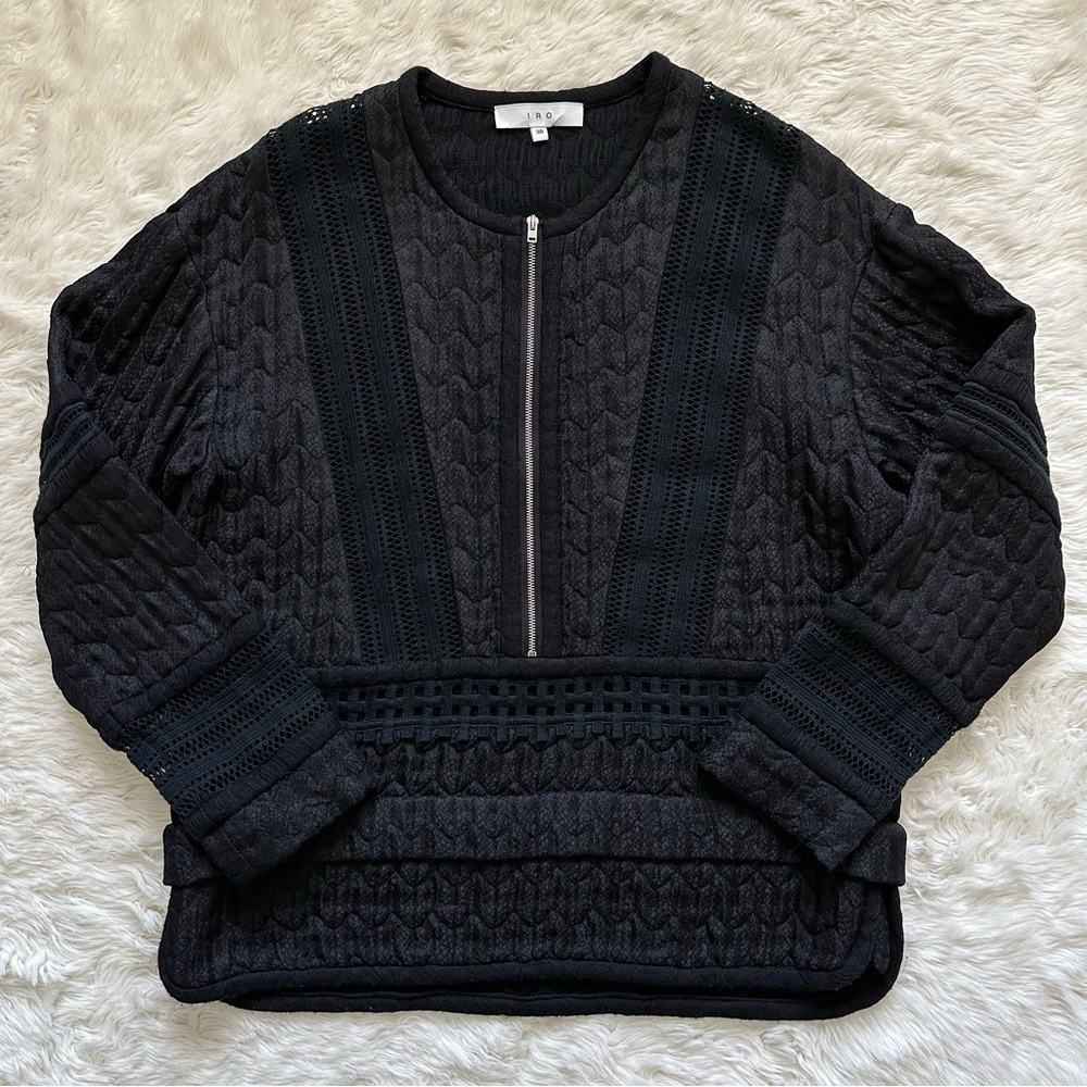 IRO Blouse Chehalis Open Knit Paneled Cloqué Top Zip Front Black Sz 38